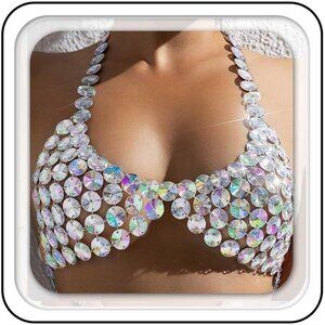 Women Silver Sparkly Crystal Bra Rhinestones Chest Chain  Bikini Top Jewelry